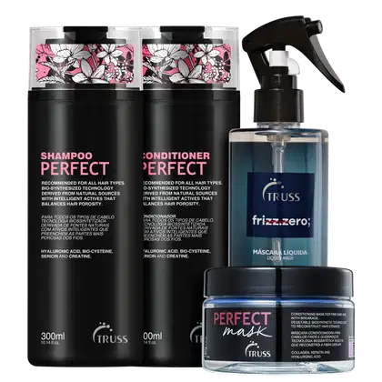 A imagem mostra 4 produtos TRUSS lado a lado. Temos o shampoo, condicionador e máscara Perfect, com embalagem preta e letras em rosa e branco; e o Frizz Zero de embalagem spray com tampa preta e rótulo azul.