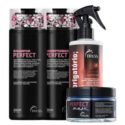 A imagem mostra 4 produtos TRUSS lado a lado. Temos o shampoo, o condicionador e a máscara Perfect, com embalagem preta e letras em rosa e branco; e o Uso Obrigatório Miracle Summer, com embalagem spray e rótulo preto e laranja com letras brancas.