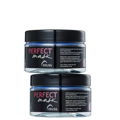 A imagem mostra dois potes da Perfect Mask, um em cima do outro. A embalagem é transparente com rótulo e tampa pretos; e letras em rosa e branco.