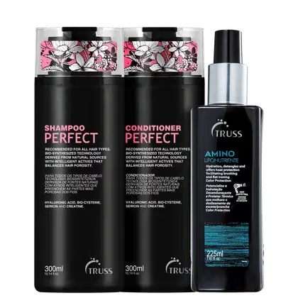 A imagem mostra 3 produtos TRUSS lado a lado. Temos o shampoo e condicionador Perfect, com embalagem preta e letras em rosa e branco com desenho de flores na tampa; e o Amino com embalagem pump preta, rótulo com  letras brancas e detalhes azuis.