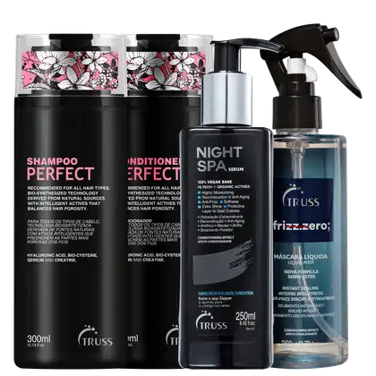 A imagem traz 4 produtos TRUSS lado a lado: shampoo e condicionador Perfect, com embalagem preta e letras em rosa e branco; o Frizz Zero de embalagem spray com tampa preta e rótulo azul; e Night Spa de embalagem pump e letras brancas com detalhes azuis.