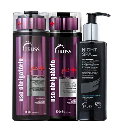A imagem traz shampoo e condicionador Uso Obrigatório Plus, com embalagem preta e rótulo rosa com letras em branco e vermelho; mais o sérum Night Spa, em embalagem preta com rótulo em letras brancas e detalhes azuis.
