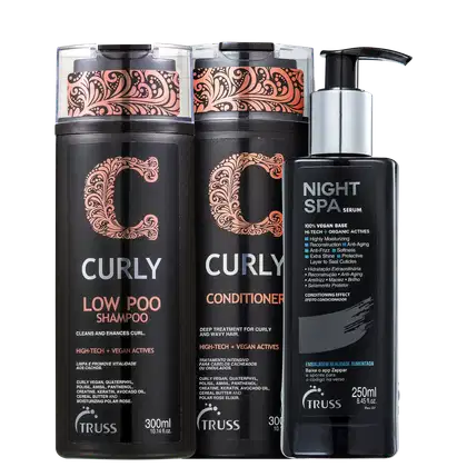 A imagem mostra um shampoo, um condicionador e um sérum noturno. O shampoo e o condicionador possuem um frasco preto com as informações destacadas em um tom rosê metalizado e prata. Já o sérum tem um frasco preto com válvula pump.