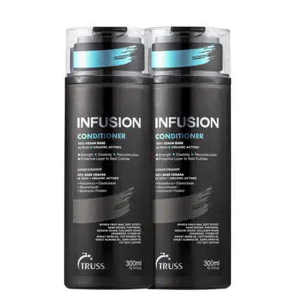 A imagem mostra dois frascos de condicionador da marca Truss, chamado "Infusion Conditioner". Os frascos são pretos e têm detalhes em azul claro e metalizado. Cada frasco contém 300ml do produto.