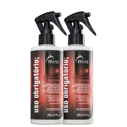 A imagem mostra dois frascos sprays com gatilhos acionadores. Os frascos são transparentes e trazem o rótulo na maior parte do frasco com detalhes em vermelho e branco remetendo ao calor e ao Verão.