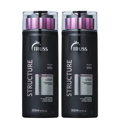 A imagem mostra dois frascos de shampoo da marca Truss, da linha Structure. Os frascos são pretos com detalhes em roxo/lilás e algumas informações em tom metalizado.