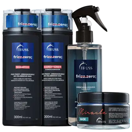 A imagem mostra uma linha de produtos da marca Truss. Há dois frascos de shampoo e condicionador  na cor preta com detalhes em azul. Há também um pote transparente com rótulo preto com a máscara capilar e um frasco spray transparente com máscara líquida.