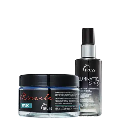 A imagem mostra a máscara capilar "Miracle" que vem em um pote preto com detalhes em azul e a linha em destaque no tom vermelho. O segundo produto é um óleo capilar que vem em um frasco spray preto degradê.