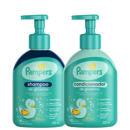 A imagem mostra shampoo e condicionador Pampers em embalagem pump de 200ml na cor verde claro com ilustração de um patinho no rótulo.