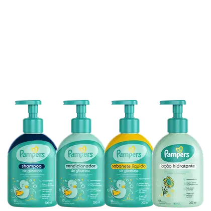 A imagem traz shampoo, condicionador, sabonete líquido e loção hidratante da Pampers. Todos dispostos lado a lado em fileira em embalagens de cor verde clara com ilustrações infantis de flor e pato.