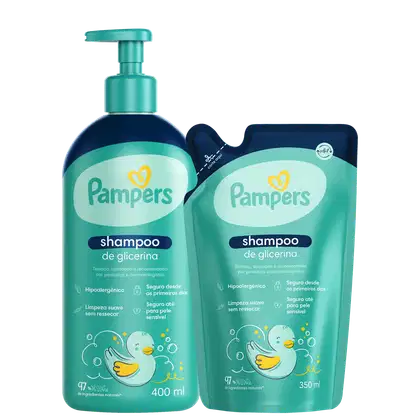 A imagem mostra 2 shampoos Pampers, um em embalagem pump de 400ml e outro em embalagem sachê de refil 350ml. Ambos possuem cor verde e desenho ilustrado de um pato no rótulo.