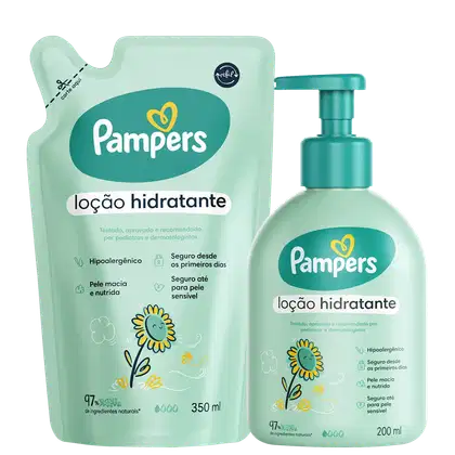 A imagem mostra 2 loções Pampers, uma em embalagem pump de 200ml e outro em embalagem sachê de refil 350ml. Ambos possuem cor verde e desenho ilustrado de uma flor com detalhes em amarelo no rótulo.