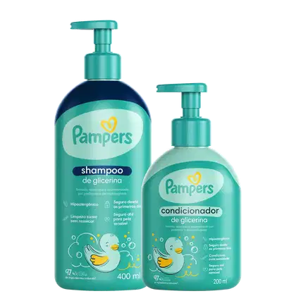 A imagem mostra shampoo 400ml e condicionador 200ml em embalagem pump na cor verde claro com ilustração de um patinho no rótulo.
