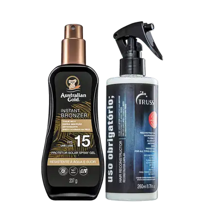 A imagem mostra dois produtos de beleza. Um é um bronzeador instantâneo em spray gel, com frasco marrom com detalhes dourados. O outro produto é um leave-in reconstrutivo em uma embalagem plástica transparente e adesivo em azul.