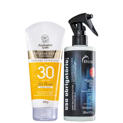 A imagem mostra dois produtos: um é um protetor solar corporal embalagem de tubo plástico branco e amarelo.  O outro produto é um spray de reconstrução intensiva em uma embalagem plástica transparente com detalhes azuis e pretos.