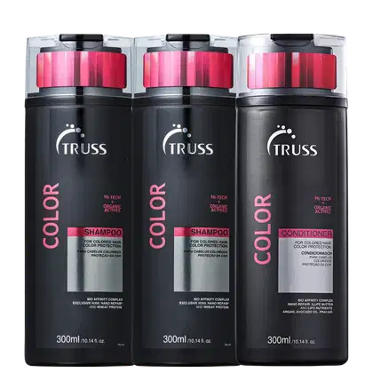 A imagem mostra três frascos de produtos para cabelos coloridos da marca Truss. São dois shampoos e um condicionador, todos com embalagens pretas de 300ml.