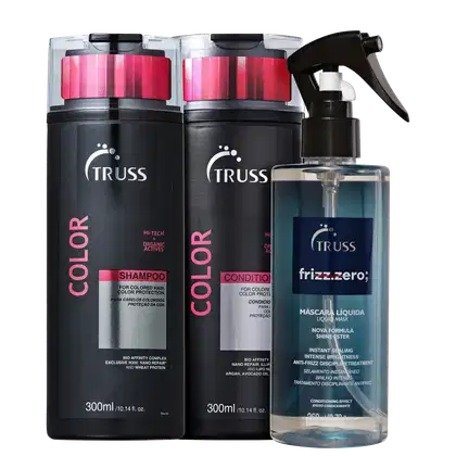 Produtos para cabelos da marca TRUSS. Dois frascos plásticos pretos de 300ml contendo shampoo e condicionador da linha Color, com detalhes em rosa. Um frasco transparente de 300ml com uma máscara líquida frizz.zero de tratamento anti-frizz.