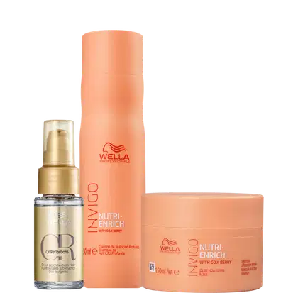 Três produtos da linha Wella Professionals Invigo Nutri-Enrich: um frasco de óleo de reflexos, um frasco de shampoo e um pote de máscara, todos em embalagens laranja e branca com o logotipo da marca.