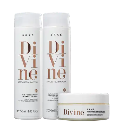Produtos para cabelos lisos da marca Braé. Dois frascos de shampoo e condicionador Divine, de 250ml cada, na cor branca com detalhes em marrom. Um frasco menor de máscara de tratamento capilar Divine, também branco com detalhes marrons.