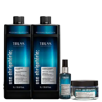 A imagem mostra 4 produtos da linha Uso Obrigatório: shampoo e condicionador de 1L, máscara de 180g e óleo de 60ml. Todos possuem embalagem preta com detalhes em azul escuro no rótulo.