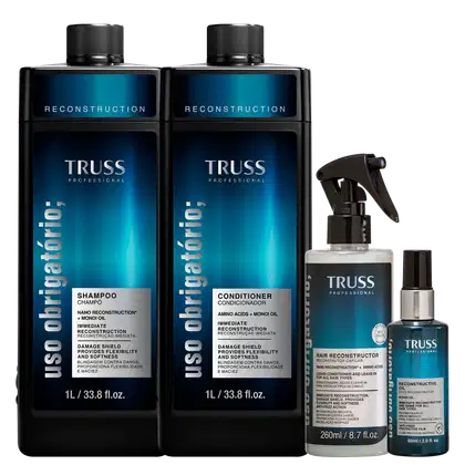 A imagem mostra 4 produtos da linha Uso Obrigatório: shampoo e condicionador de 1L, fluido de tratamento em spray de 260ml e óleo de 60ml. Todos possuem embalagem preta com detalhes em azul escuro no rótulo.