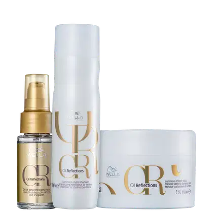 Produtos de cuidado capilar da linha Oil Reflections da Wella Professionals. Um frasco dourado pequeno contendo óleo capilar. Um frasco branco maior com shampoo. Uma embalagem branca redonda contendo uma máscara capilar.