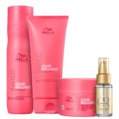 Produtos de cuidado capilar da linha Color Brilliance da Wella Professionals. Inclui um shampoo, um condicionador, uma máscara e um óleo capilar Oil Reflections, em frasco dourado de 30ml.