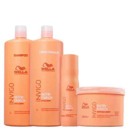 A imagem mostra uma linha de produtos de cuidados capilares da marca Wella Professionals, linha Nutri-Enrich. São frascos plásticos na cor laranja com detalhes em branco. Há dois shampoos, um condicionador e uma máscara capilar.