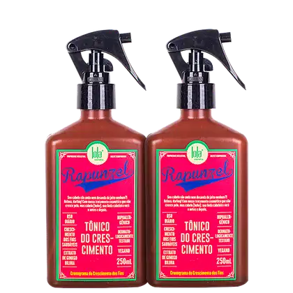 Dois frascos de spray de plástico marrom com detalhes em verde e rosa. O rótulo indica que é um "Tônico do Crescimento" chamado "Rapunzel" da marca Lola, com 250ml cada.