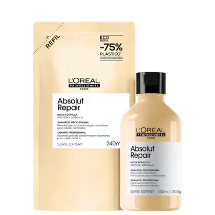 Embalagem de shampoo profissional da marca L'Oréal Professionnel, com frasco plástico preto e rótulo bege. Texto indica "Absolut Repair" e "Nova fórmula Protein + Omega-9". Também mostra informações sobre o tamanho do produto e a série expert.