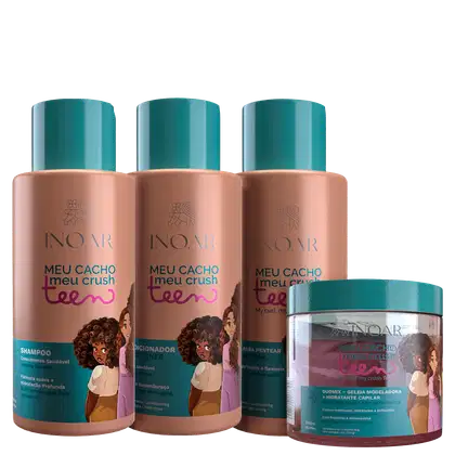 Produtos de cabelo da linha Meu Cacho Meu Crush da marca Inoar. Três frascos cilíndricos contendo shampoo, condicionador e creme para pentear. Um pote redondo contendo geleia modeladora e hidratante capilar. Cores predominantes são verde e rosa.