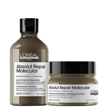 A imagem mostra dois produtos da linha L'Oréal Professionnel Série Expert Absolut Repair Molecular: um shampoo em um frasco marrom com tampa preta, contendo 300ml e uma máscara capilar em um pote plástico marrom com tampa preta, contendo 250ml.