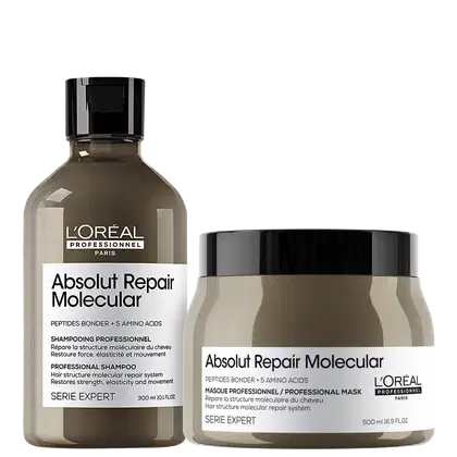 A imagem mostra dois produtos da linha Absolut Repair Molecular da L'Oréal Professionnel: um shampoo de 300ml em frasco marrom com detalhes pretos na tampa. O outro é uma máscara de 500ml em um pote marrom com tampa preta.