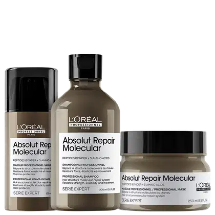 A imagem mostra três produtos da linha Absolut Repair Molecular da L'Oréal Professionnel. Um frasco marrom contendo shampoo de 300ml. Uma máscara em um pote plástico marrom de 250ml. E uma máscara de tratamento sem enxágue em um frasco marrom de 100ml.