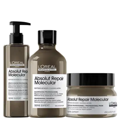 A imagem mostra três produtos da linha Absolut Repair Molecular da L'Oréal Professionnel. O primeiro é um sérum em um frasco com bomba dosadora preta, contendo 250ml. O segundo é um shampoo de 300ml. O terceiro é uma máscara capilar em um pote de 250ml