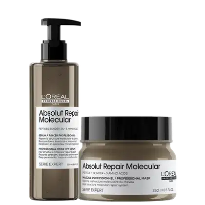 A imagem mostra produtos da linha Absolut Repair Molecular da L'Oréal Professionnel: um frasco com bomba dosadora contendo um sérum de 250ml e um pote com uma máscara capilar de 250ml. As cores predominantes são marrom, preto e branco.