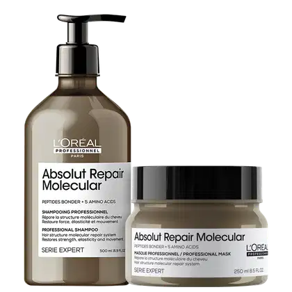 A imagem mostra dois produtos da linha Absolut Repair Molecular da L'Oréal Professionnel: shampoo em um frasco plástico marrom com bomba dosadora preta. O outro é uma máscara capilar em um pote plástico marrom opaco com tampa preta.