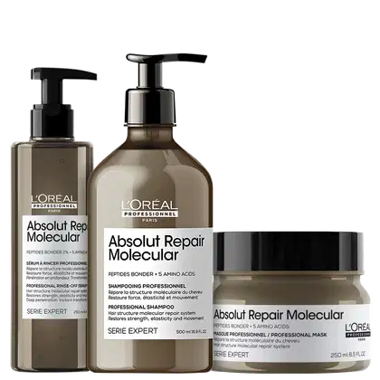 A imagem mostra três produtos da linha Absolut Repair Molecular da L'Oréal Professionnel. O primeiro é um sérum em um frasco com bomba dosadora preta, contendo 250ml. O segundo é um shampoo de 500ml. O terceiro é uma máscara capilar em um pote de 250ml