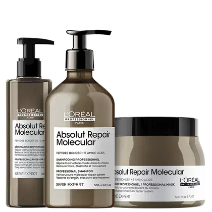 A imagem mostra três produtos da linha Absolut Repair Molecular da L'Oréal Professionnel. O primeiro é um sérum em um frasco com bomba dosadora preta, contendo 250ml. O segundo é um shampoo de 500ml. O terceiro é uma máscara capilar em um pote de 500ml.