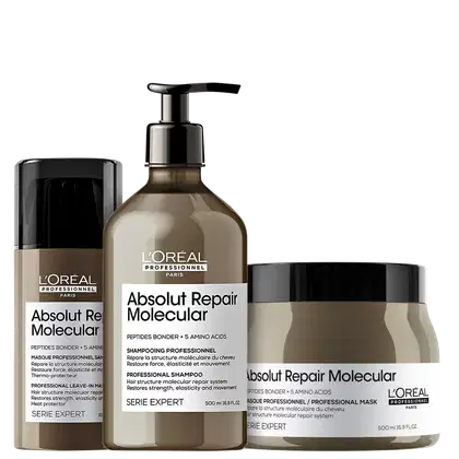 A imagem mostra três produtos da linha Absolut Repair Molecular da L'Oréal Professionnel. Um frasco marrom contendo shampoo de 500ml. Uma máscara em um pote plástico marrom de 500ml. E uma máscara de tratamento sem enxágue em um frasco marrom de 100ml.