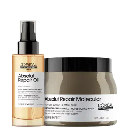 A imagem mostra dois produtos da L'Oréal Professionnel: óleo reparador "Absolut Repair Oil", com um líquido dourado e embalagem preta e dourada. O outro é um pote maior de máscara reparadora chamada "Absolut Repair Molecular", com embalagem marrom.