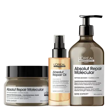 A imagem mostra três produtos da L'Oréal Professionnel. O primeiro é a máscara Absolut Repiar Molecular, com embalagem marrom. O segundo é o óleo Absolut Repair Oil, dourado. O terceiro é Shampoo Absolut Repair Molecular, com frasco marrom.