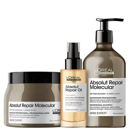 A imagem mostra três produtos da L'Oréal Professionnel. O primeiro é a máscara Absolut Repiar Molecular, com embalagem marrom. O segundo é o óleo Absolut Repair Oil, dourado. O terceiro é Shampoo Absolut Repair Molecular, com frasco marrom.