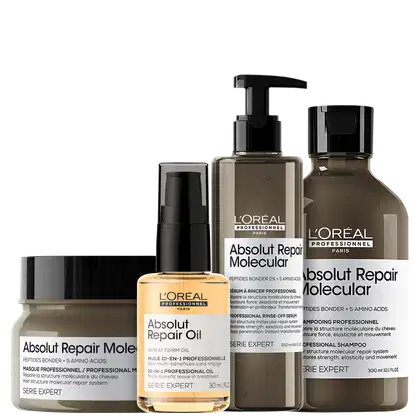 A imagem mostra produtos da marca L'Oréal Professionnel. Há 4 itens: um frasco de shampoo marrom de 300ml, um frasco de leave-in marrom de 250ml, um frasco de máscara capilar de 250ml com tampa preta, um frasco de óleo capilar dourado de 30ml.
