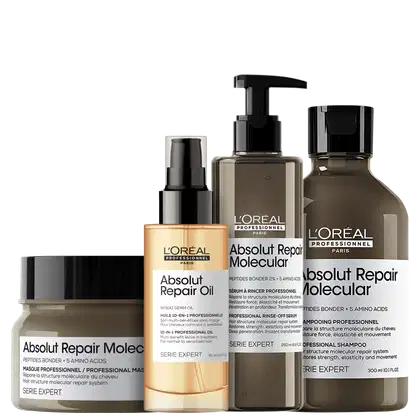 A imagem mostra produtos da marca L'Oréal Professionnel. Há 4 itens: um frasco de shampoo marrom, um frasco de leave-in marrom, um frasco marrom de máscara capilar com tampa preta, um frasco de óleo capilar com tom dourado.