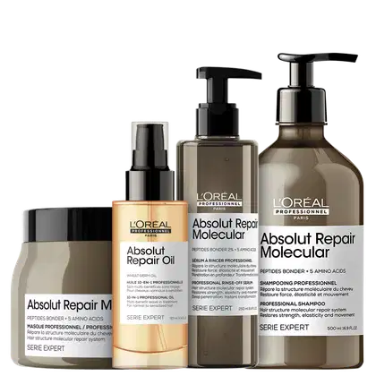 A imagem mostra produtos da marca L'Oréal Professionnel. Há 4 itens: um frasco de shampoo marrom, um frasco de leave-in marrom, um frasco marrom de máscara capilar com tampa preta, um frasco de óleo capilar com tom dourado.
