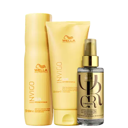 A imagem mostra três produtos da marca Wella Professionals. Shampoo e condicionador Invigo Sun em embalagem cilíndrica amarela; e óleo capilar Oil Reflections com embalagem transparente e rótulo dourado.