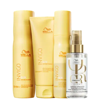 A imagem mostra quatro produtos da marca Wella Professionals. Shampoo, Condicionador e Leave-in Invigo Sun em embalagens amarelas e detalhes em laranja; e o óleo Oil Reflections Light, em um frasco transparente com detalhes em dourado.