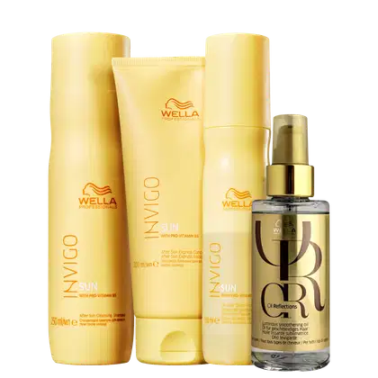 A imagem mostra quatro produtos da marca Wella Professionals. Shampoo, Condicionador e Leave-in Invigo Sun em embalagens amarelas e detalhes em laranja; e o óleo Oil Reflections, em um frasco transparente com detalhes em dourado.