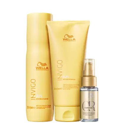 A imagem mostra três produtos da marca Wella Professionals. Shampoo e condicionador Invigo Sun em embalagem cilíndrica amarela; e óleo capilar Oil Reflections com embalagem transparente e rótulo dourado.